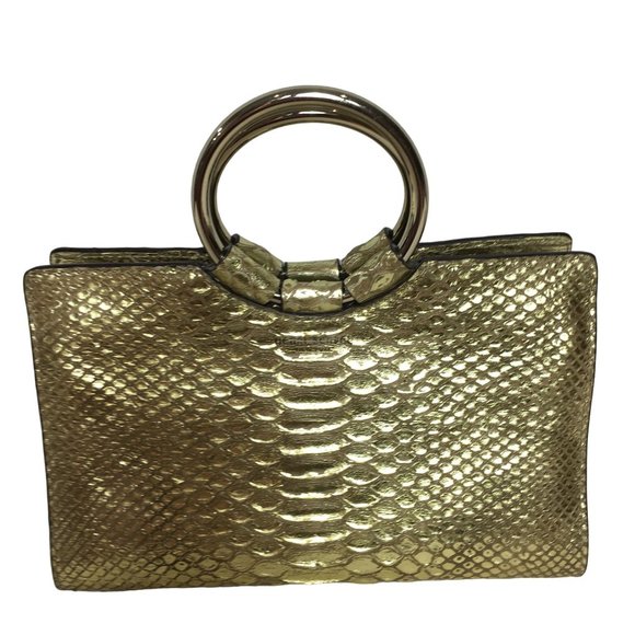 Henri Bendel Small Snakeskin Handbag Metallic Gold Faux Leather Evening Party - Picture 2 of 10